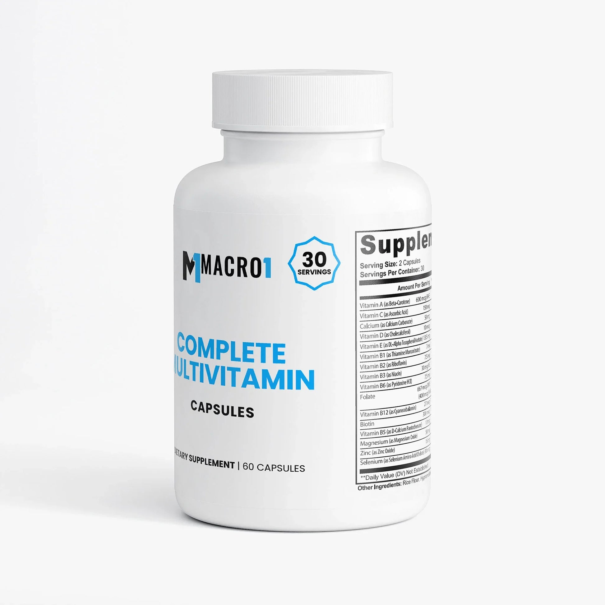 White supplement bottle labeled 'Complete Multivitamin' with 'Macro1' branding on a white background