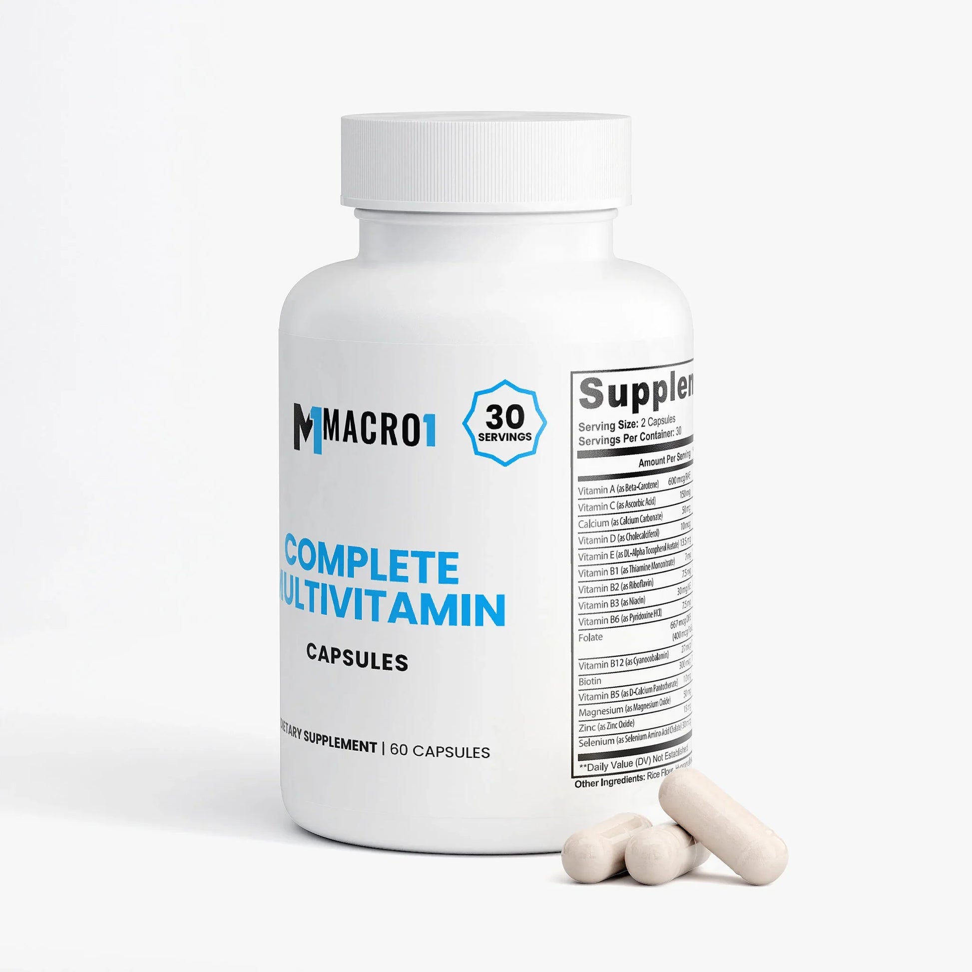 Bottle of Macro1 Complete Multivitamin capsules on a white background