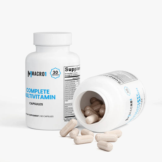 Macro1 Complete Multivitamin capsules with open bottle on a white background
