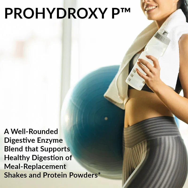 Person holding a bottle with 'PROHYDROXY P' text, exercising with an exercise ball.