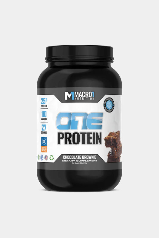 One Protein supplement container with a white label on a light gray background