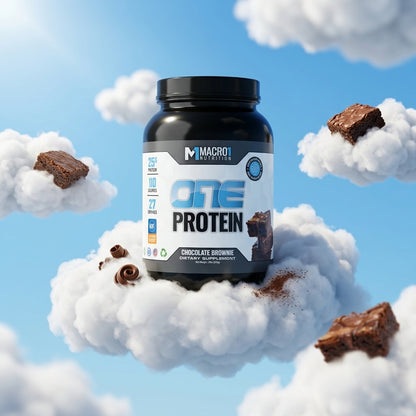 Protein powder container with chocolate brownie flavor on a cloud background