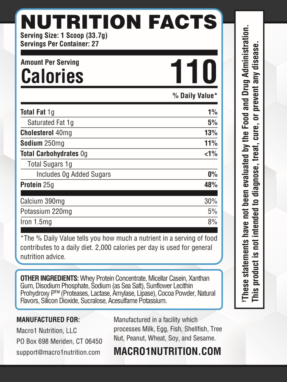 Nutrition facts label for a protein product with serving size, calories, and ingredient list.