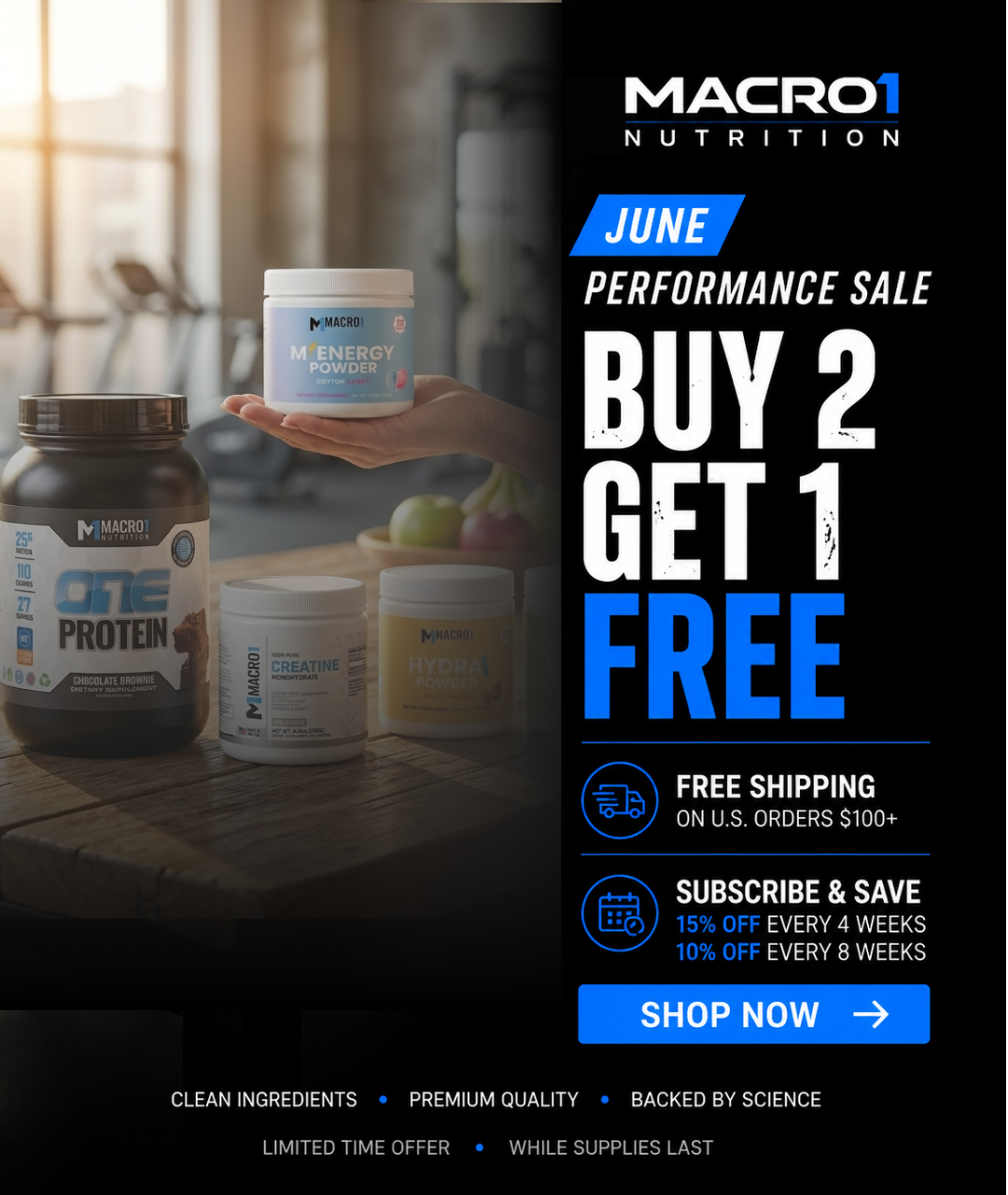 Advertisement for Macro1 Nutrition with protein powder containers on a table.