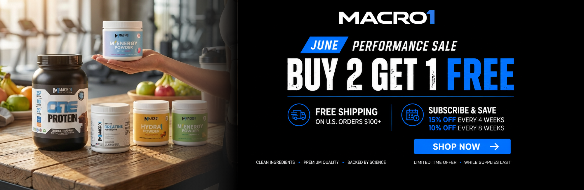 Supplement products on a table with a promotional banner for Macro supplements sale.